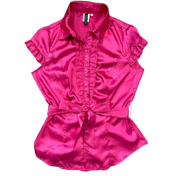 Heart Soul Tops - Y2K Vintage Silky Tuxedo Ruffle Bow Cap Sleeve Peplum Barbie Coquette Sexy SMALL